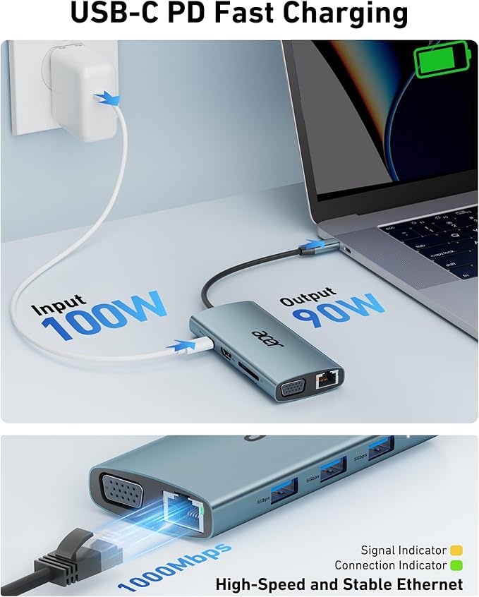 Acer USB C Hub with 4K HDMI, 9-in-1 USB C to Ethernet Adapter, 5Gbps USBA 3.0 Docking Station, VGA Splitter, SD Card Reader, PD 100W Charging for MacBook, Acer, Laptops, Surface and More