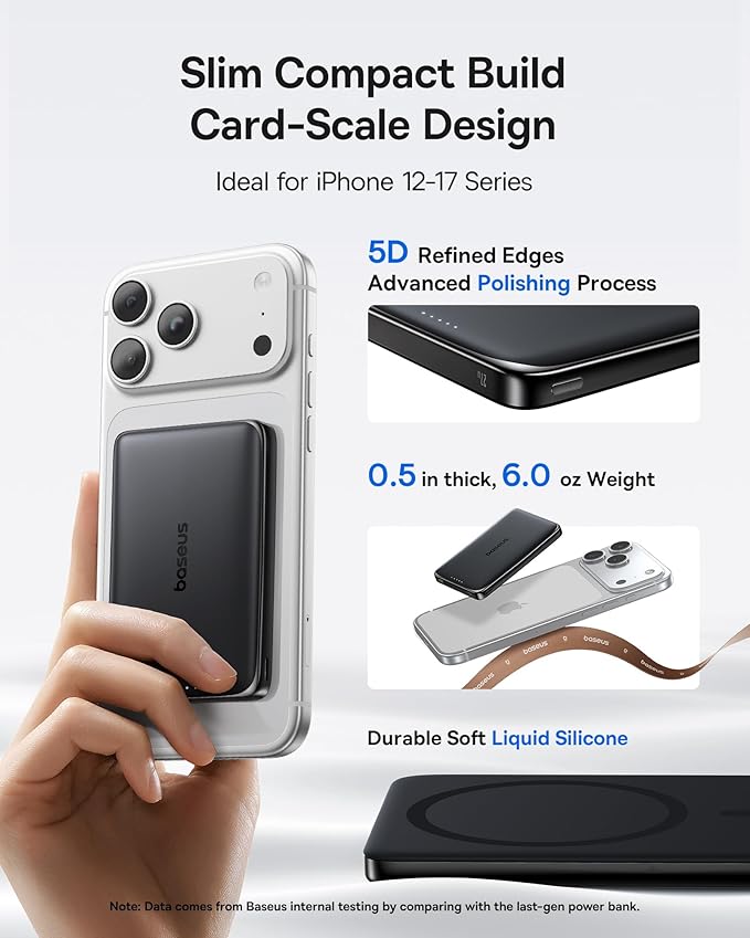 Baseus Picogo Power Bank, 0.5" Ultra Slim 10000mAh MagSafe Portable Charger, 27W Fast Charging Magnetic Battery Pack, Upgraded Polished Alloy Wireless Charger for iPhone 17 Pro Max/Air/16/15/14/13/12