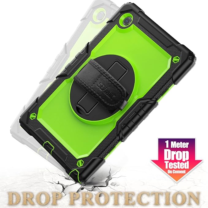 SEYMAC stock Case for Samsung Galaxy Tab A9 8.7'', Full-Body Drop Protection Case with Screen Protector Pencil Holder [360° Rotating Hand Strap] &Stand, Green+Black
