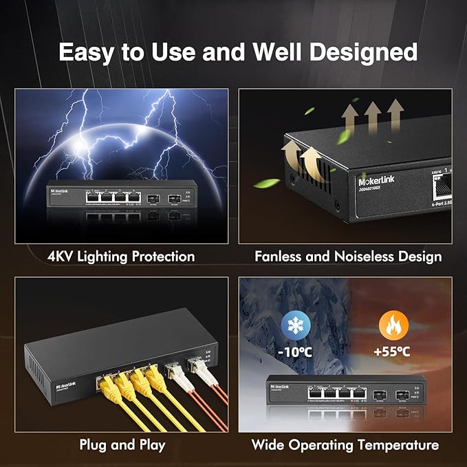 MokerLink 4 Port 2.5G Ethernet Switch with 2 Port 10G SFP+ Slot, 4 x 2.5G Base-T Ports Compatible with 10/100/1000Mbps, Metal Unmanaged Fanless Small Network Switch