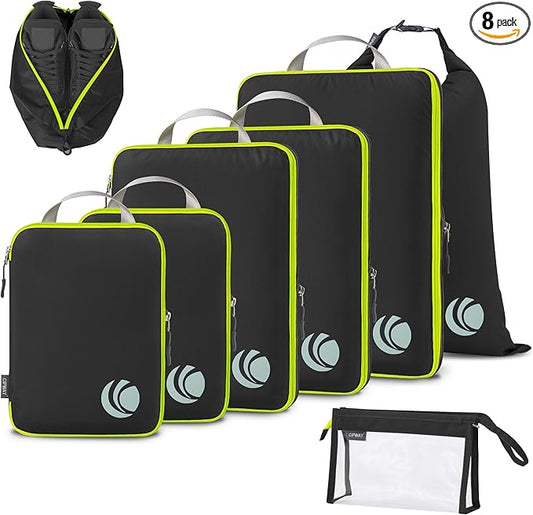 Cipway Compression Packing Cubes, Lightweight Travel Luggage Organizers with Shoe, Toiletry & Laundry Bags, Travel Essentials for Carry-on Suitcase (8 Piece, Black)