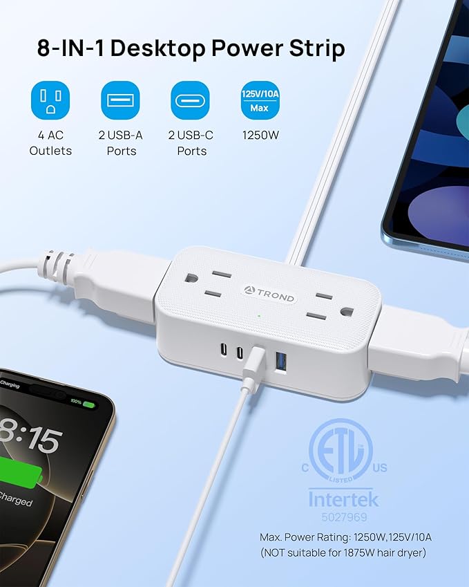 TROND 360° Rotating Flat Plug Power Strip, 5FT Extension Cord with 4 USB Ports, 4 Wide Spaced AC Outlets, Wall Mount, 900J Surge Protector for Office Travel Dorm Room Essentials, White