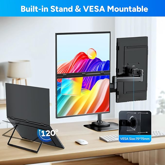 18.5inch Portable Dual Monitor, 1080P FHD 120HZ Triple Laptop Screen Monitor Extender,Dual Speakers USB-C & HDMI Folding Stacked Dual Monitors for Laptop Windows Mac, Stand & VESA