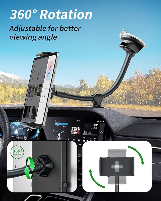 Tablet Car Mount - Windshield Dashboard Suction Cup Long Gooseneck Holder for Car, Truck, SUV - Compatible with 7-12.4 Inch Tablet/iPad/Samsung Tab, etc