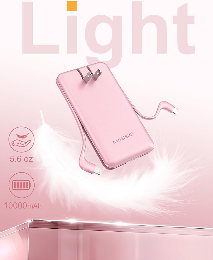 Ultra Slim 10000mAh Power Bank Built-in Cables and AC Wall Plug, Pocket Size USB C Portable Charger, External Battery Pack Compatible with iPhone Samsung, Package in Purple Hard Travel Case, Pink
