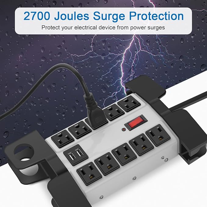 CCCEI Heavy Duty Power Strip with USB Ports, Garage 10 Outlets Surge Protector 2700 Joules, Industrial Workshop Metal 15Amp Multiple Outlets, 15 FT Extension Cord and Wide Spaced Grey.