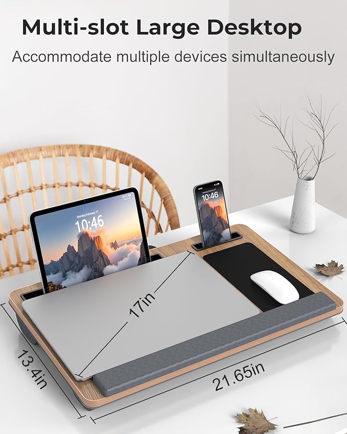 Lap Desk - Up to 17” Laptop Tray with Wrist Rest, Portable Handle, Fixed Mouse Pad, Tablet & Phone Slots, Laptop Stand for Bed with Cushion (Dark Brown Woodgrain)