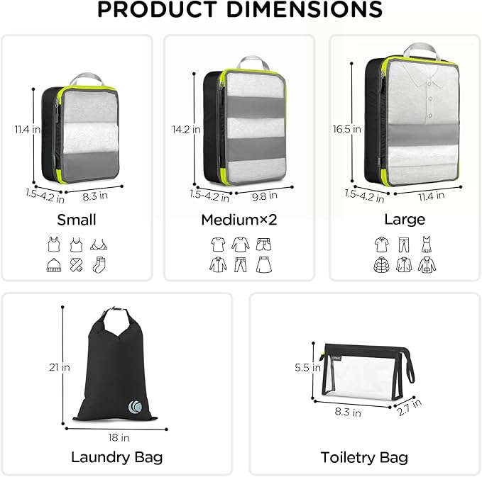 Cipway Compression Packing Cubes, See Through Mesh Luggage Organizer Bags, Travel Essentials for Carry on Suitcase with Laundry Bag and Clear Toiletries Bag（6Pcs,Black）