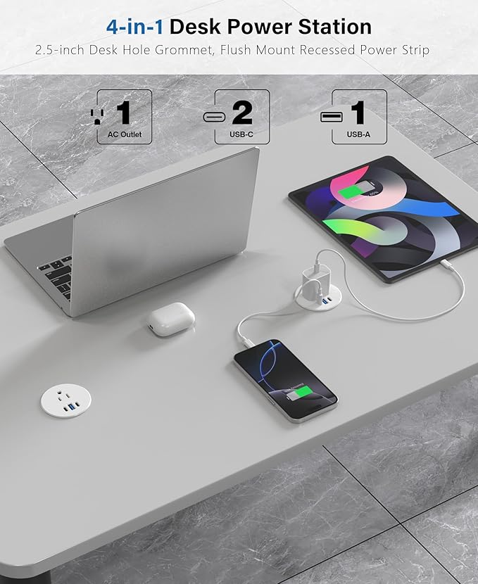 2.5 inch Power Grommet,20W USB-C Charging,1 Outlet with 2 USB C,1 USB Port,Furniture Flush Mount for Desktop,Recessed Power Strip,Workspace Essential Desk Outlet (White, 6 FT)