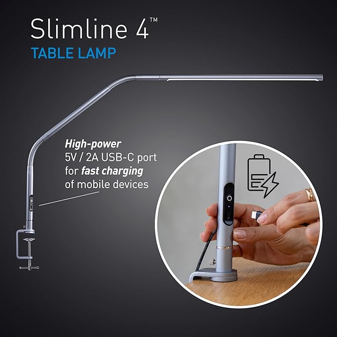 daylight Slimline 4™ LED Table Lamp in Ice Grey - 6,000K, 3,200 Lux, 4 Brightness Levels, USB-C Charging Port, Anti-Glare Diffuser, Flexible Design, Art & Craft, Sewing, Nail Salon