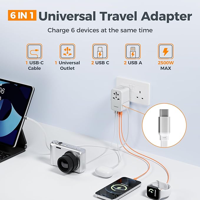 TESSAN Universal Travel Adapter PD 35W GaN, International Power Adapter Built in 1 Retractable USB C Cable, 6 in 1 Travel Adaptor Worldwide with 4 USB Ports for US to Europe UK AUS (Type C G A I)