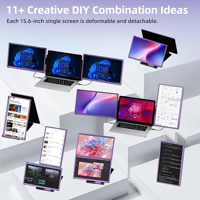 Laptop Screen Extender Triple Monitor - 15.6" Detachable Portable Monitor FHD 1080P IPS 120% sRGB 235° Rotation Travel Extra Screen Compatible with Wins Mac Chrome Dex Fits 13-17" Laptop