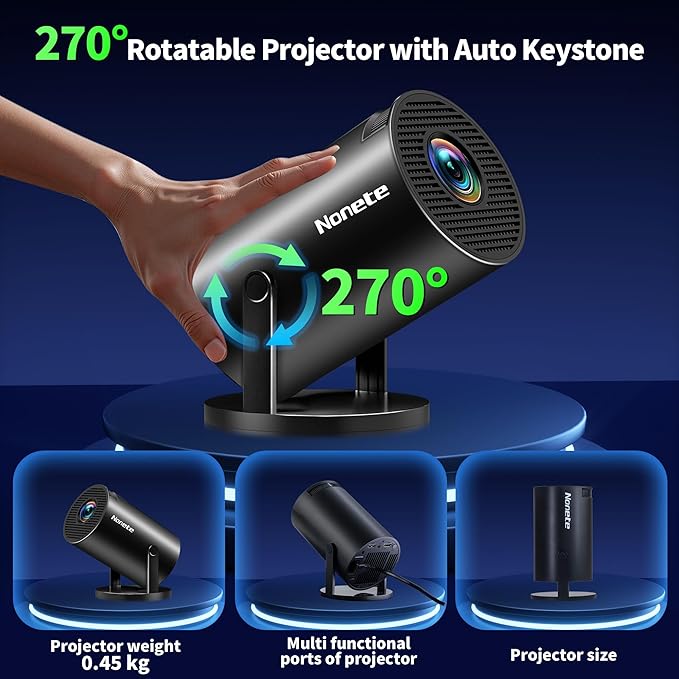 【Built-in Apps】Mini Projector 1080P, 4K Projector Full HD with WIFI 6 and Bluetooth 5.2, Support 270° Rotatable Portable Projector with Auto Keystone Correction,Compatible with Phone/HDMI/USB - Black