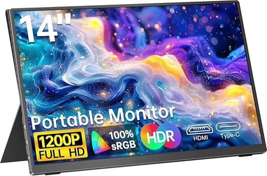 Portable Monitor 14" Ultra-Slim 1920×1200 FHD IPS, 100% sRGB, USB-C/HDMI Second Screen for Laptop/PC/Mac/Phone/Xbox/PS4/Switch - Built-in Speakers & Protective Cover