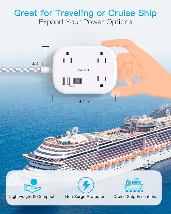One Beat Cruise Ship Essentials,Travel Power Strip with USB C,Flat Plug Extension Cord with 3 Outlets 4 USB Ports(2 USB C),3 ft Desk Wall Outlet Extender,Non Surge Protector for Cruise,Dorm Room,ETL