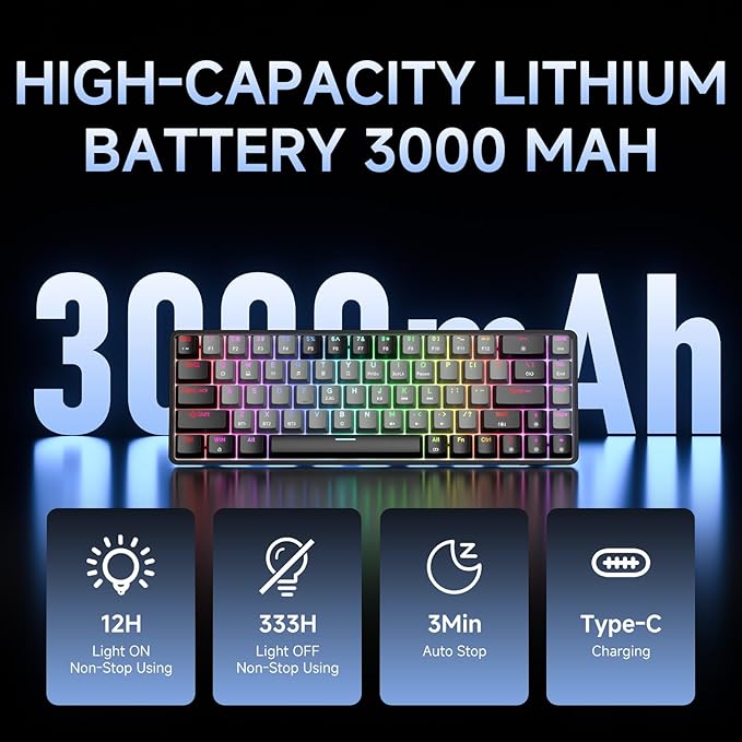 DIERYA DK68 60% Wireless Mechanical Gaming Keyboard, 3 Modes Bluetooth/2.4GHz/USB-C with Red Linear Switch, RGB Backlit, Anti-Ghosting, 68-Key Compact mini keyboard for Windows/macOS/Linux- Black/Grey