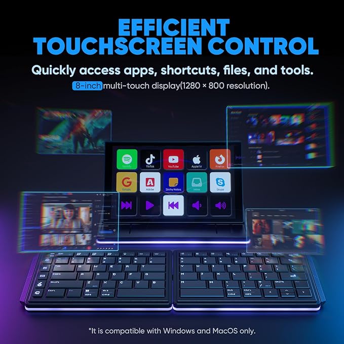 MP Mobile Pixels Tetra Keyboard with 8" Touchscreen, Customizable Hotkeys Wireless Ergonomic Keyboards, 3 Modular Layouts, Bluetooth Connectivity, USB-C Charging, Portable Keyboard for Windows/Mac