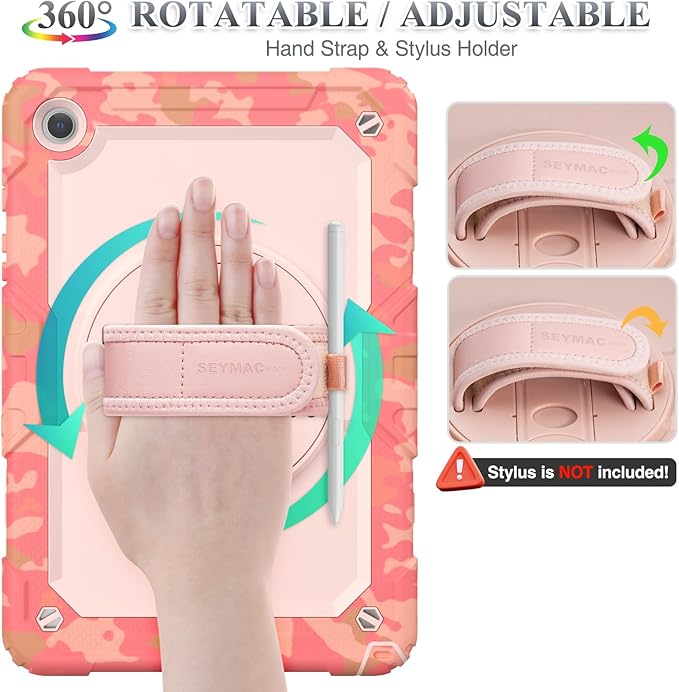 SEYMAC stock Case for Samsung Galaxy Tab A9+ Plus 11'', Full-Body Drop Protection Case with Screen Protector Pencil Holder [360° Rotating Hand Strap] &Stand, Pink Camo