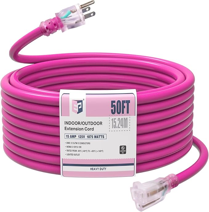 EP 50Ft Outdoor Extension Cord, 12/3 SJTW Heavy Duty Waterproof Power Cable, 3 Prong Grounded Plug, Lighted End, for Lawn, Garden, Appliances, Pink