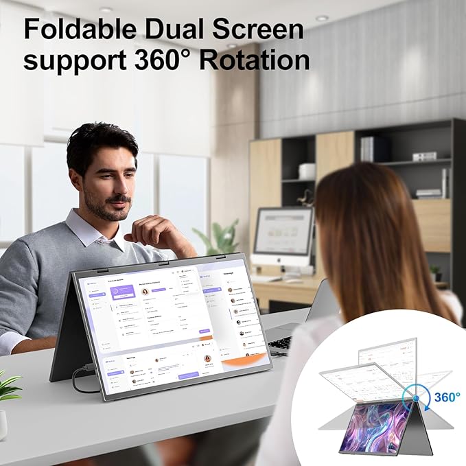 Dual Portable Monitor, 18.5" 1080P FHD IPS Folding Stacked Triple Laptop Screen Extender, USB-C Plug & Play Travel Extended Computer Display for Laptop PC Windows Mac w/Stand & VESA Mountable