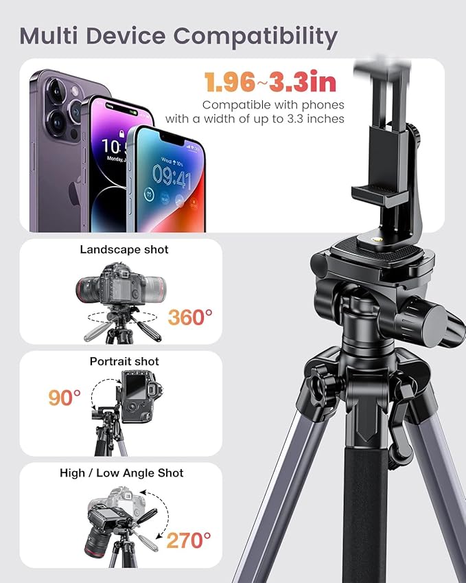 CAMBOFOTO 74"-Camera-Tripod, Professional Aluminum Tripod/Leg Stand Mirrorless Camera/DSLR/Cell Phone/Camcorder/GoPro, with Phone Holder and Travel Bag (Gunmetal Gray) Weight 2.8 lbs Load 8.8 lbs