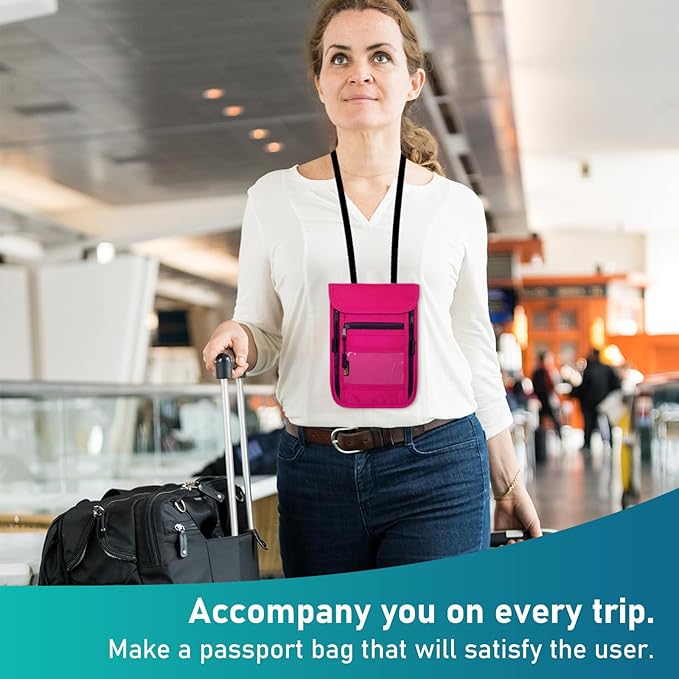 sundee Travel Neck Wallet with Double Zippers, RFID Blocking Passport Holder with Adjustable Neck Strap for Men and Women to Keep Cash, Credit Cards and Travel Documents Safe - Rose Red