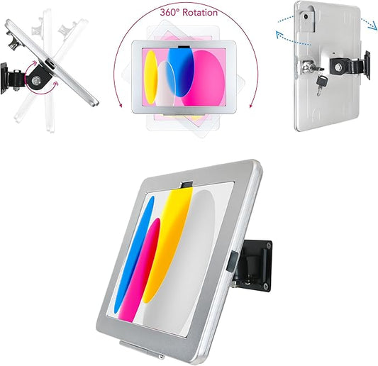 on Wall Mount Bracket for 2025 iPad 11"(A16) 11th / 2022 iPad 10.9" 10th Gen.,Excluding Other 10.9"/ 11",with Anti Theft Lock & Key,Rotate Arbitrary Adjustment Angle,Metal,(Silver)