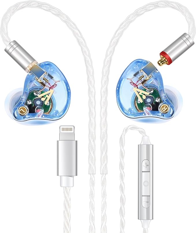 Vibes 202ML Wired Earbuds - HiFi in Ear Headphones for iPhone 5–14, Noise-Isolating Ear Buds w/ Mic - Clear Sound, Deep Bass, Comfort-Fit Earphones - MMCX–Lightning, Silver Plated Cord, Carrying Case
