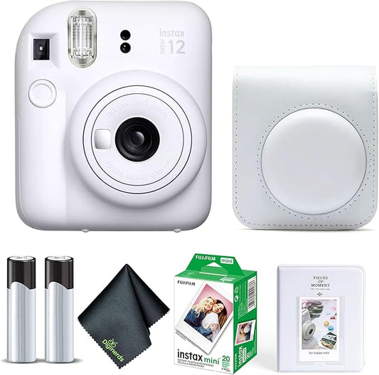 Fujifilm Instax Mini 12 Instant Camera Clay White Bundle with Fuji Instax Mini Film Value Pack (20 Sheets) + Protective Carrying Case + Photo Album + Microfiber Cleaning Cloth