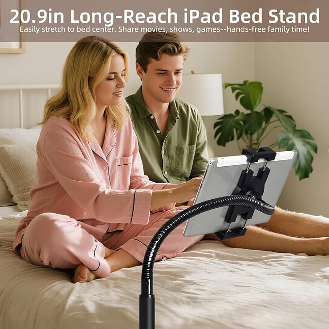 Adjustable Floor Tablet Stand with Rolling Base, Flexible Gooseneck Mount, Wood Platform, Mobile Device Holder for Indoor Use