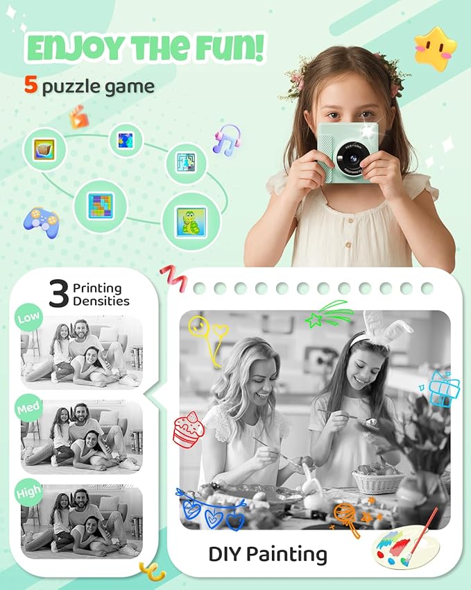 Kids Instant Print Camera, Christmas Birthday Gifts for Girls and Boys, 1080P HD Video Digital Kids Camera with Print Paper & 32G Card, Toddler Toy for 3-14 Years Old (Green)