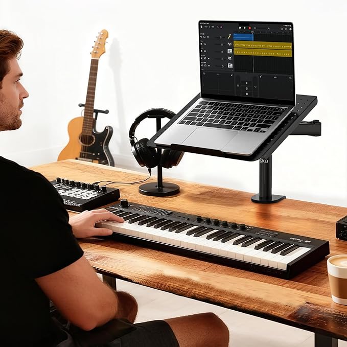 WALI Laptop Tray Desk Mount for 17inch Notebook, Fully Adjustable Laptop Arm up to 22lbs, Monitor Mount with Vented Cooling Platform Stand (M00LP), Black