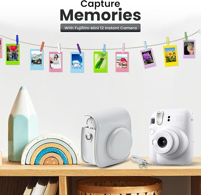 Fujifilm Instant Mini 12 Camera + Accessory Bundle & Compatible Custom Case + Fuji Instant (20 Shots) Designer Mini Photo Album (60 Pockets) (Clay White)