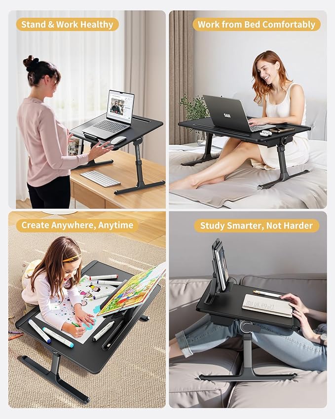 SAIJI Laptop Desk for Bed [Premium XXL Extra Large] with Upgraded Height Angle Adjustable Book Stand,Multi-Purpose Lapdesk Bed Tray Desk for Working Writing Reading Drawing (Black)