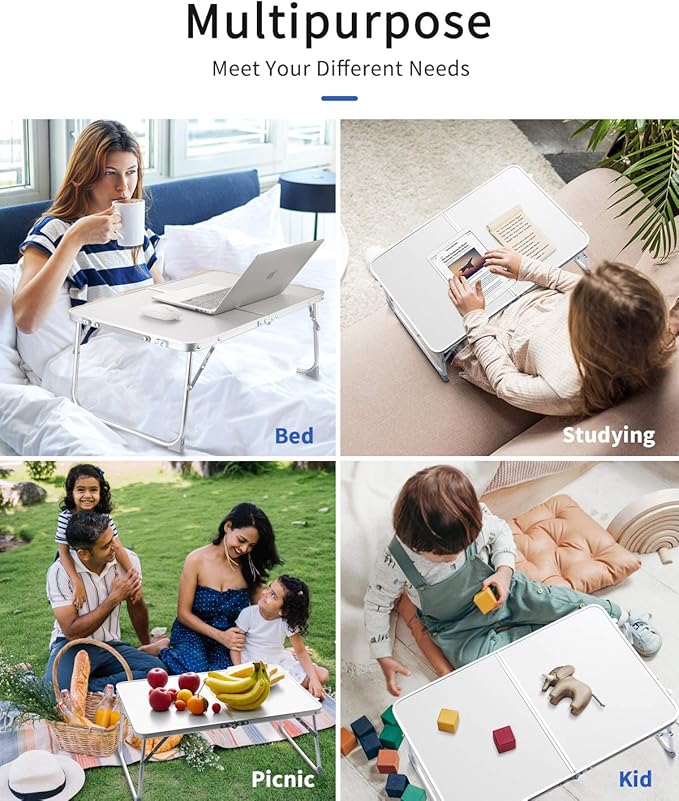 Foldable Laptop Table for Bed, SUVANE Lap Desk Bed Desk, Breakfast Serving Bed Tray, Portable Mini Picnic Table Storage Space Laptop Desk Reading Holder(Gray)