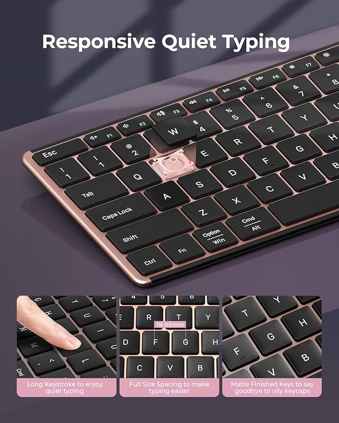 seenda Wireless Bluetooth Keyboard and Mouse Combo (USB + Dual BT), SKM64-3 Multi-Device Rechargeable Slim Keyboard and Mouse, Compatible for Win 7/8/10, MacBook Pro/Air, iPad, Tablet - Rose Gold