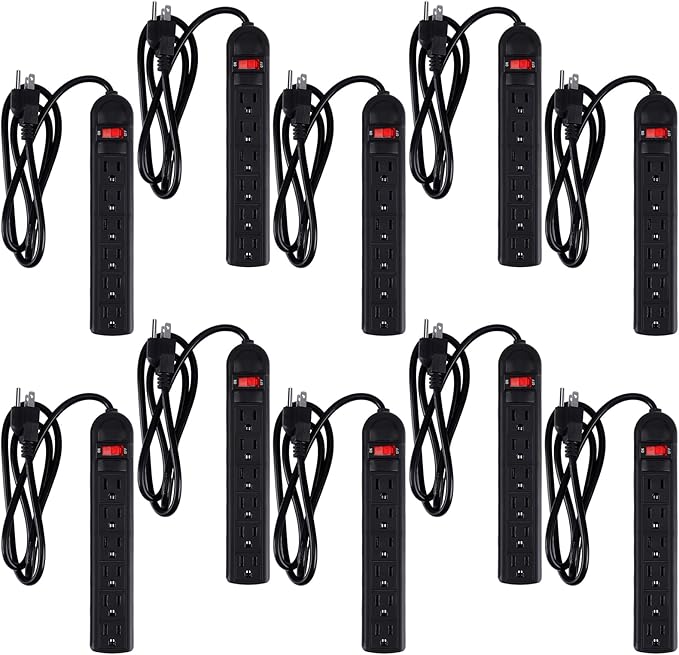 Hoteam 10 Pcs Power Strip Bulk 6 Outlet Surge Protector Power Cord Electrical Extension Cord with Switch Low Profile Plug Flat for Home Office(4 ft,Black)