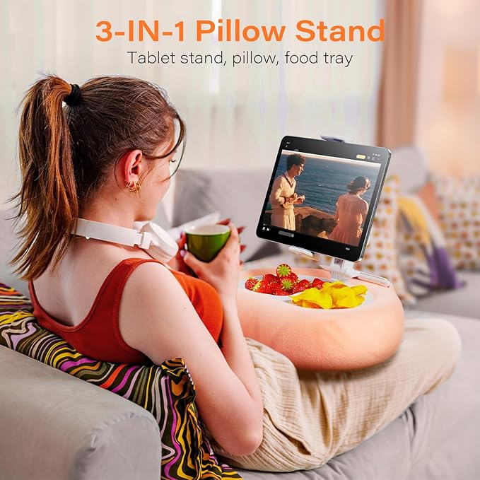 Kindle Tablet Pillow Stand with Detachable Trays Fit iPad Tablet Stand Holder for Bed Fit 4''-13'' Phone/Kindle with Case Reading Accessories Gift Soft Plus Fabric, Pink