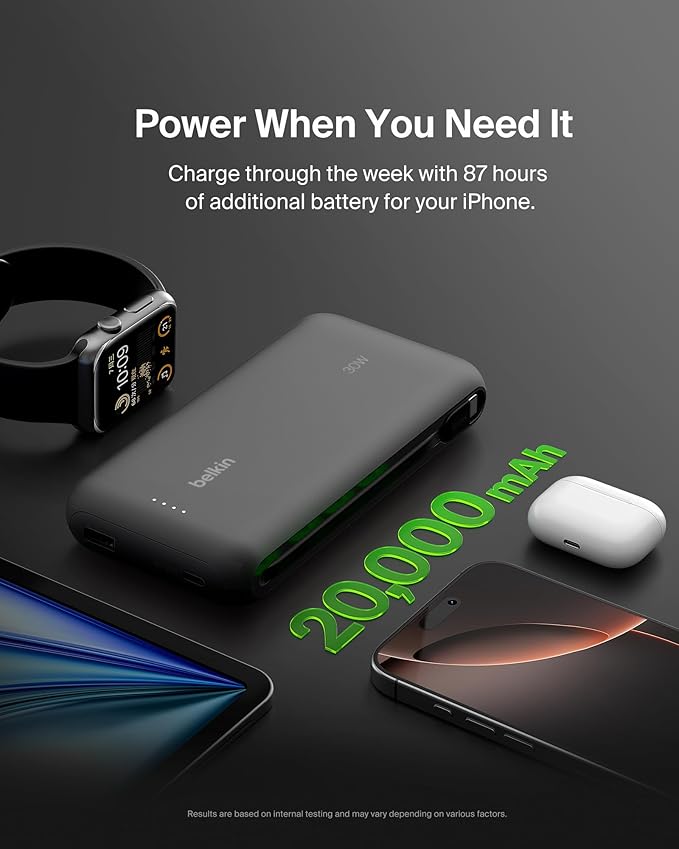 Belkin Portable Charger, Power Bank with Integrated Cable 20000 mAh 30W - Fast Charging USB C Power Delivery, iPhone Charger - iPhone 17, Air, Pro, Pro Max, iPad, Galaxy S25, & More - Black