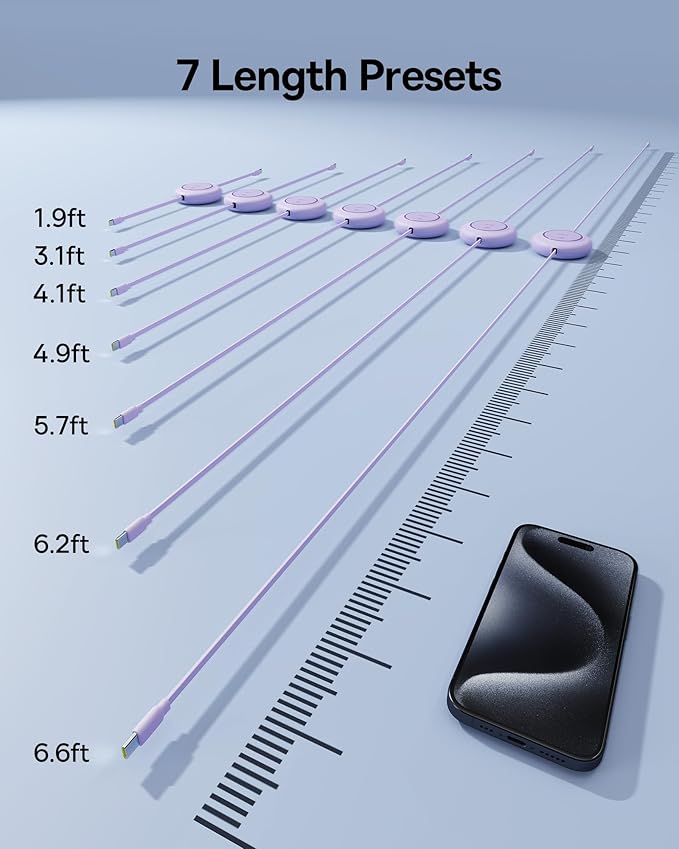 Baseus USB C to USB C Cable, 100W 6.6ft Retractable USB C Fast Charging Cable, 7-Stage Length Preset Retractable Charger Cord for iPhone 16 15 Pro Plus Pro Max, MacBook, iPad Pro, Samsung S24/S23+