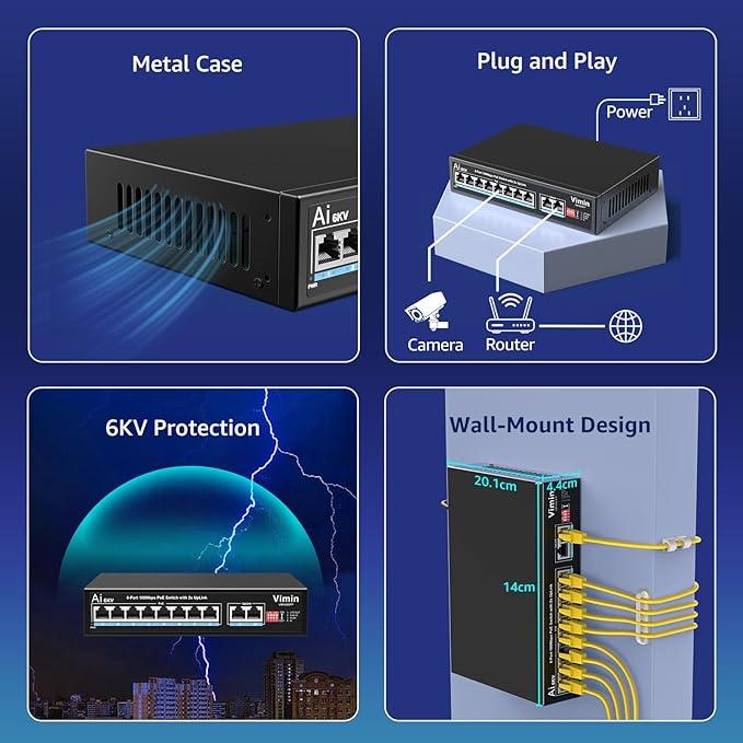 VIMIN 10-Port PoE Fast Ethernet Switch - 8 Port Unmanaged 10/100Mbps Network Switch with 2 Uplink, VLAN, Extend 250m, Support IEEE802.3af/at, 120W PoE Power, Plug & Play