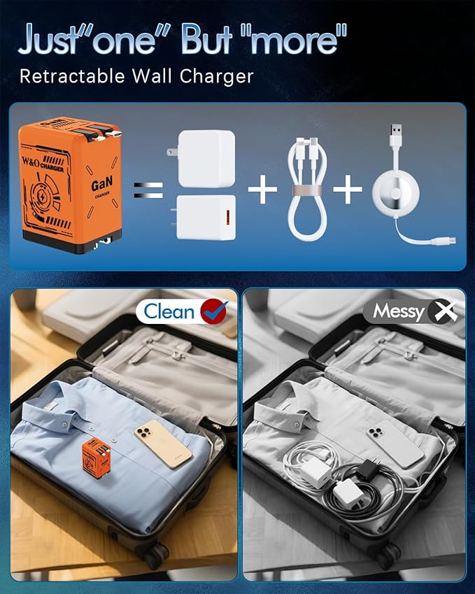 W&O gan Charger Fast Charger,45W Retractable Phone Charger Wall Plug with Lightening and Type-C Cables,for iPhone16/15/14/13/12/11 Series, Galaxy S25 24,Android and More (Orange)