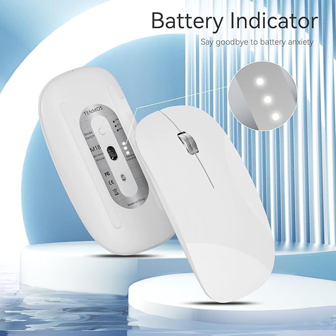 TENMOS M18 Bluetooth Mouse, USB C Rechargeable Wireless Mouse, Triple Mode (Dual Bluetooth+USB) Computer Silent Mice Portable with USB Receiver and Type C Adapter for Laptop/MacBook/iPad/PC - White