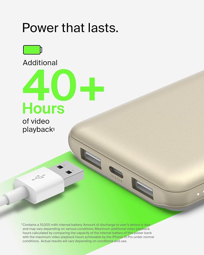 Belkin Portable Charger, USB-C Power Bank 10000 mAh w/ 2xUSB-A Ports, 15W w/Type-C to Type-A Cable for iPhone 17, Air, Pro, Samsung Galaxy S25, iPad, Nintendo Switch 2, Google Pixel 10, etc. - Gold