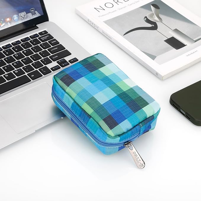 E-Tree Cute Small Makeup Bag,Cosmetic Toiletry Make up Little Items Pouch for Purse,Zipper Mini Tech Charger Cable Electronic Organizer Case,Travel Accessories for Women Men Teen,Blue Checkered