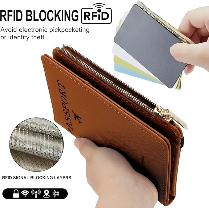 DOB SECHS Leather Passport Holder for Travel Women Slim Passport Wallet RFID Blocking Passport Cover Case with Card Slots, Travel Document Organizer Pouch Bag Zipper Cash Pocket Purse+ID Window, Brown