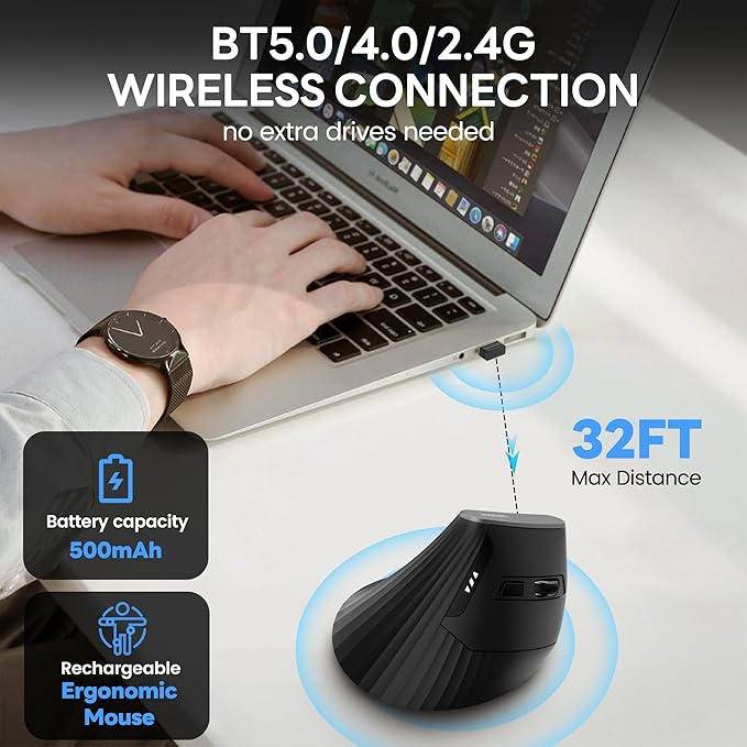 Uineer Ergonomic Wireless Mouse,Bluetooth Vertical Mouse with BT5.0/4.0/2.4G, Rechargeable with Battery Indicator,Ergonomic Design for Comfort and Reduced Wrist Strain for Home,Office Use,Black