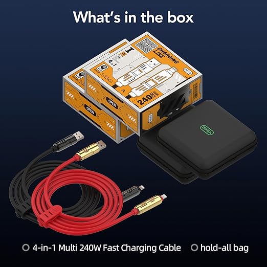 MFish 240W 4-in-1 Universal USB Charging Cable [2 Pack, 6.6ft] – Fast Charger Cord with USB-A, Dual USB-C & Lighting, for iPhone 14/15/16/17 Series, iPad & MacBook & More (2PACK, Black+Red, 6.6Ft)