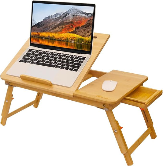 Lap Desk COIWAI Bed Table Desk Tray Laptop Desk for Bed Adjustable Height Angle Foldable Portable with Tablet Phone Holder with Storage Drawer for Bed Sofa Couch, for Eating Writing Bamboo