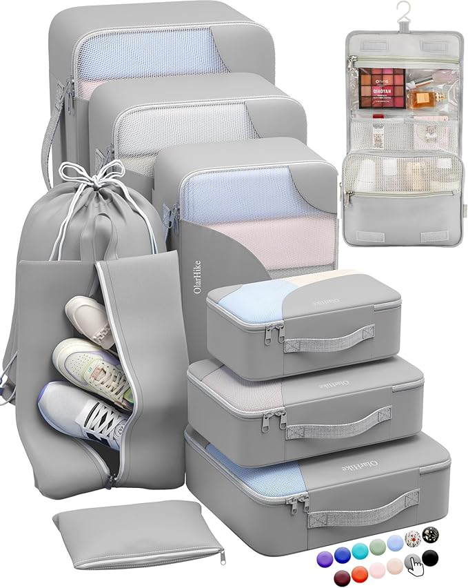 ALL INCLUDED 10 Set Durable Packing Cubes for Suitcases,OlarHike Essentials for Travel, UPGRADED Anti-Tear Stitching, NEW Improved Luggage Packing Organizers for Travel Accessories (Grey)